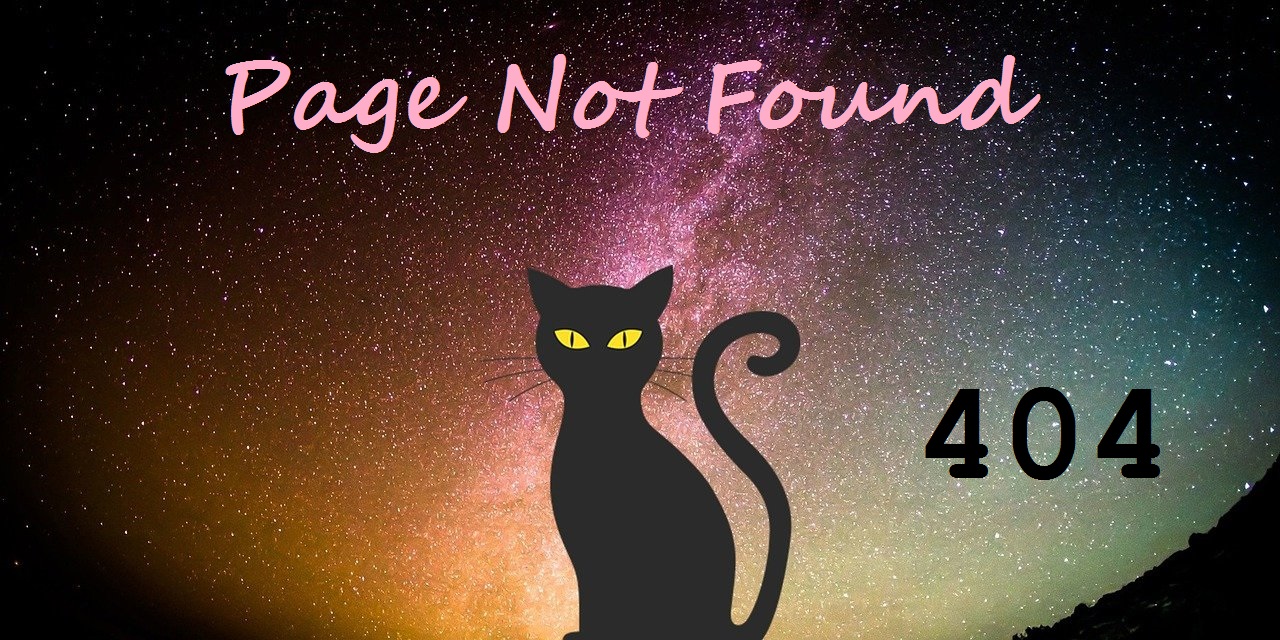 page not found, 404, black cat under beautiful, colourful night sky